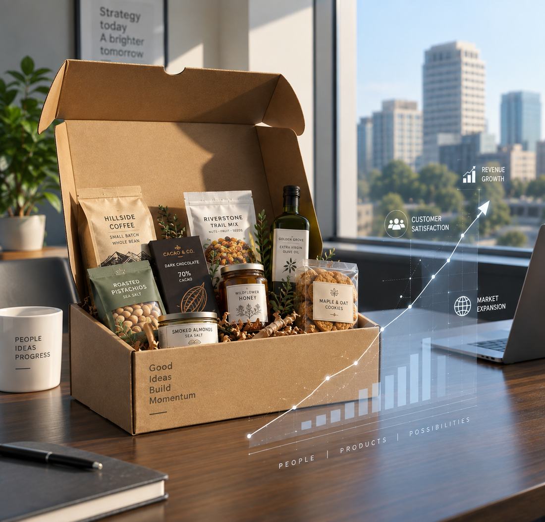 Gift box of specialty food products on an office desk with a rising growth chart